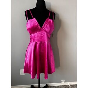Satin Mini Dress Hot‎ Pink Party Cocktail Ruched Bust Sleeveless Size Small